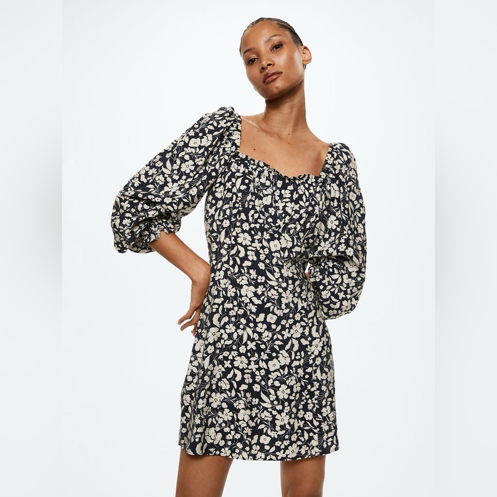 Mango Floral Puff Sleeve Dress - Blue and Cream